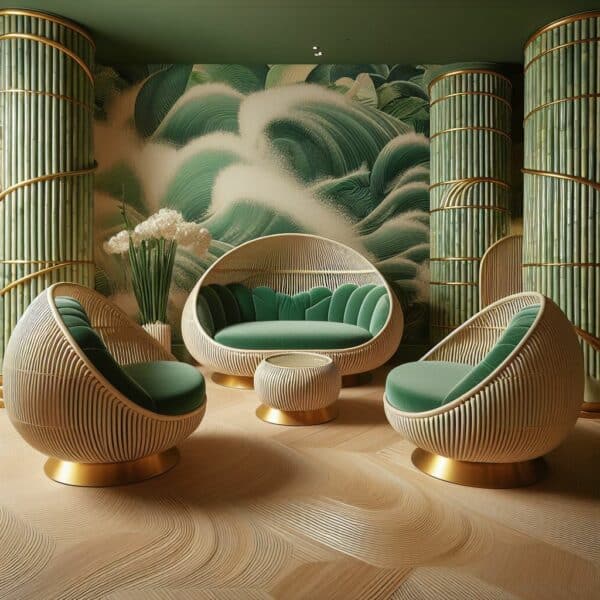 Photo of bamboo-inspired round chairs, with wavy green exterior and luxurious interior, against a backdrop of tropical wallpaper