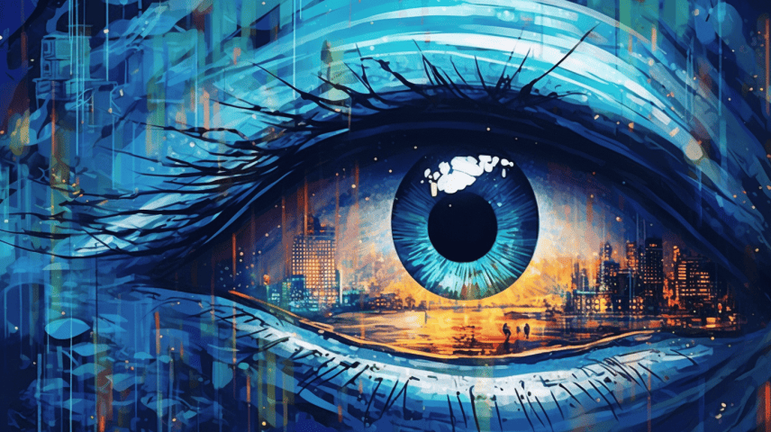 An illustration featuring a human eye and not only that opens to reveal a galaxy