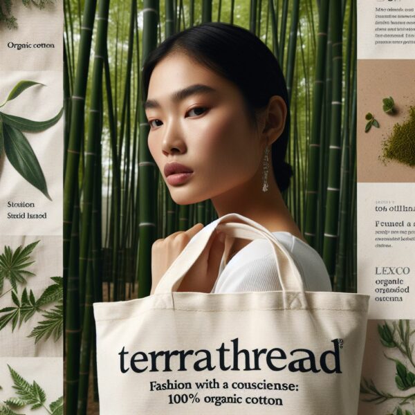 Close-up of model holding TerraThread Organic Cotton Tote Bag in front of lush bamboo forest. Text overlay reads: 'Fashion with a Conscience: Made from 100% Organic Cotton.