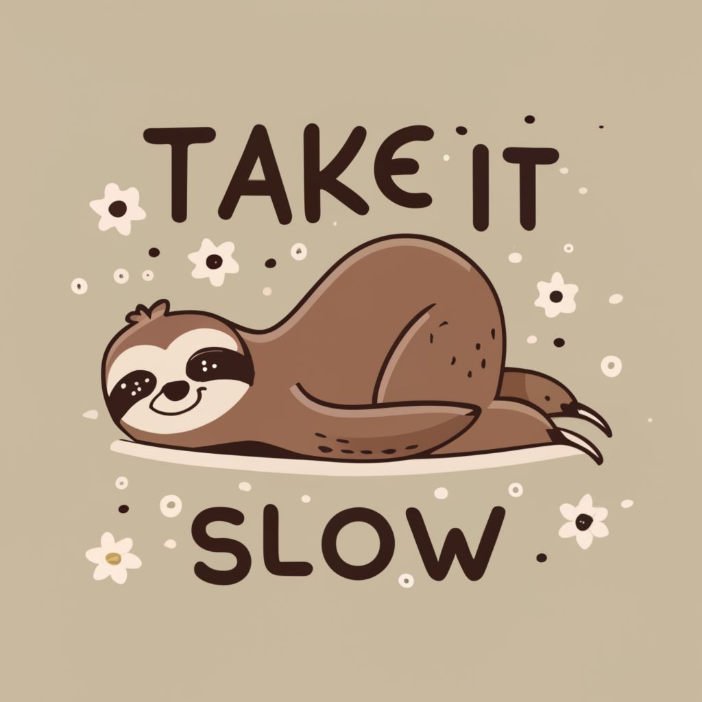 2d cartoon illustrated sloth said “Take it slow”