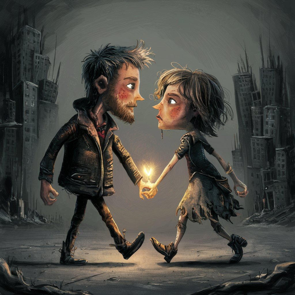 A heartwarming and whimsical illustration of a couple meeting in a dark, dystopian world.