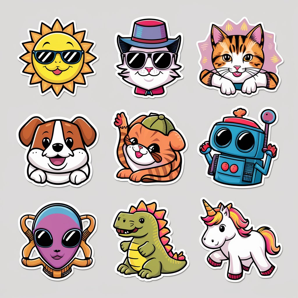 A set of eight vibrant and colorful stickers