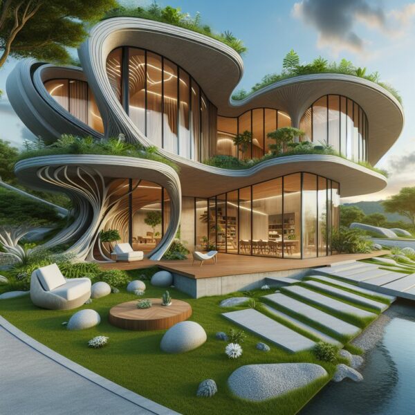 EcoScape Retreat: Futuristic eco-friendly house design blending seamlessly with nature.