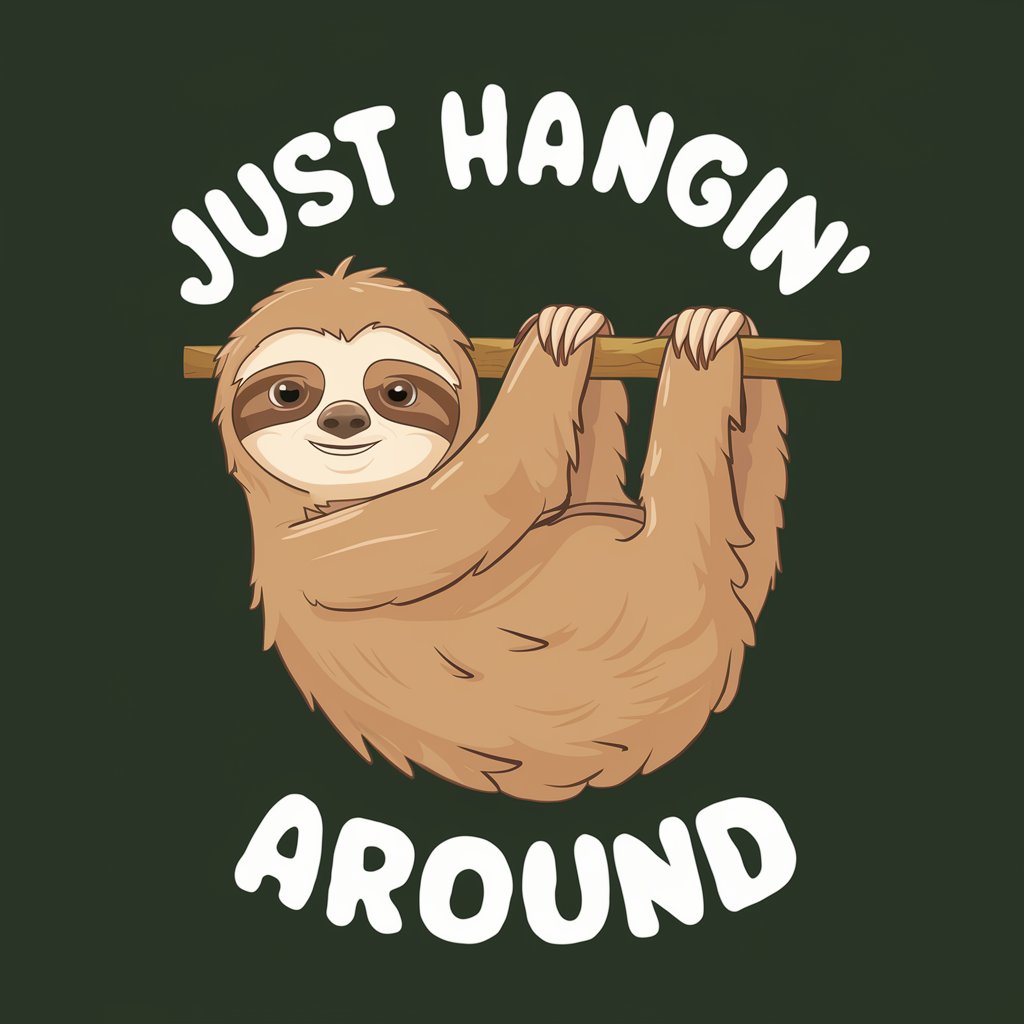 2d cartoon illustrated sloth said “Just hangin’ around”