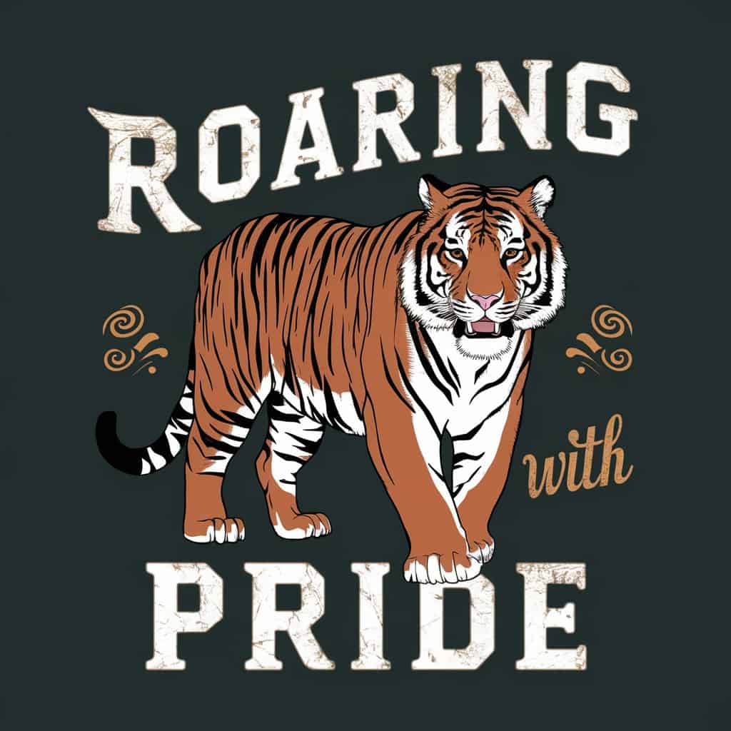 2d cartoon illustrated tiger said “Roaring with Pride”