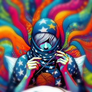 A vibrant, psychedelic illustration of a person covered in colorful knitting, with their face obscured and multiple knitting needles visible.