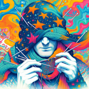 A vibrant, psychedelic illustration of a person covered in colorful knitting, with their face obscured and multiple knitting needles visible.