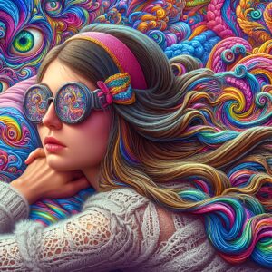 One with a colorful headband and flowing colorful hair against a vibrant and intricate backdrop of swirling patterns and eyes.