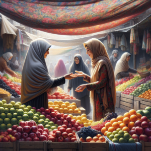 “Two people were talking at a fruit market, with a table full of colorful fruit in the background.”