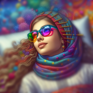 A colorful work of art with a figure whose face is hidden, wrapped in a bright scarf, against a backdrop of intricate patterns.