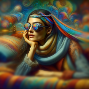 “Abstract images with colorful patterns and psychedelic designs with human figures whose faces are not visible.”