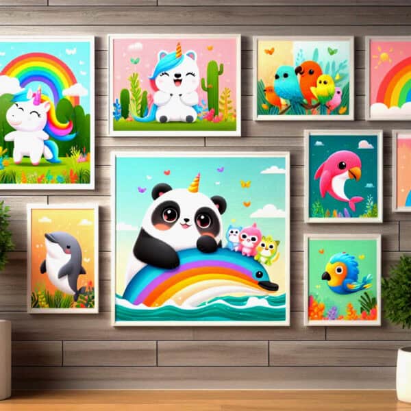 A wall-mounted series of colorful animal-themed paintings in various sizes