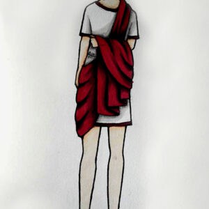 A stylized image of people wearing modernized ancient clothing, with an emphasis on red scarves and sandals.