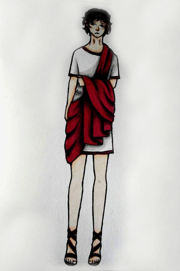 A stylized image of people wearing modernized ancient clothing, with an emphasis on red scarves and sandals.