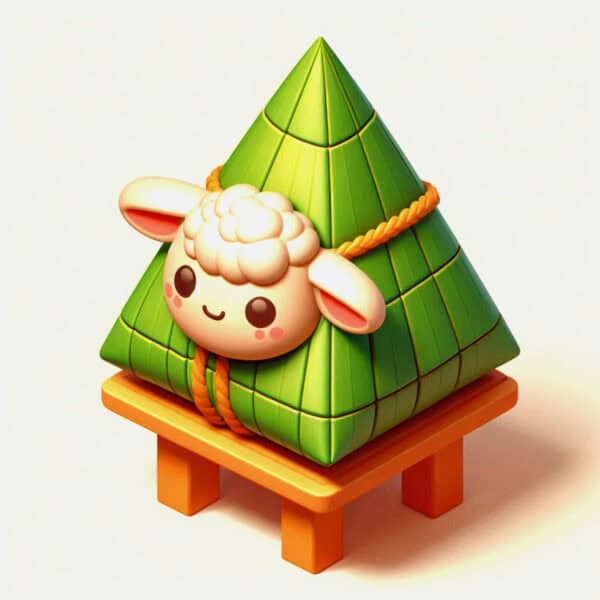 An adorable digital illustration of a lamb, designed like a green diamond with yellow ribbon details, sitting on a small wooden base.