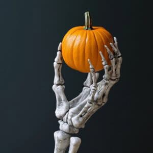 Skeleton hand with pumpkin