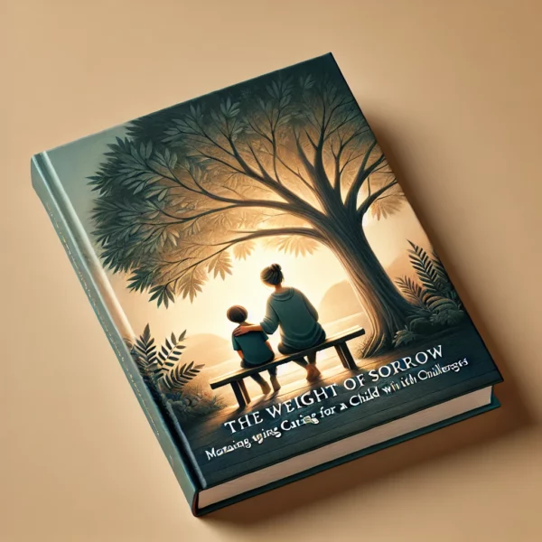 A serene and empathetic e-book cover design showing a parent sitting beside a small child on a wooden bench under a tree.